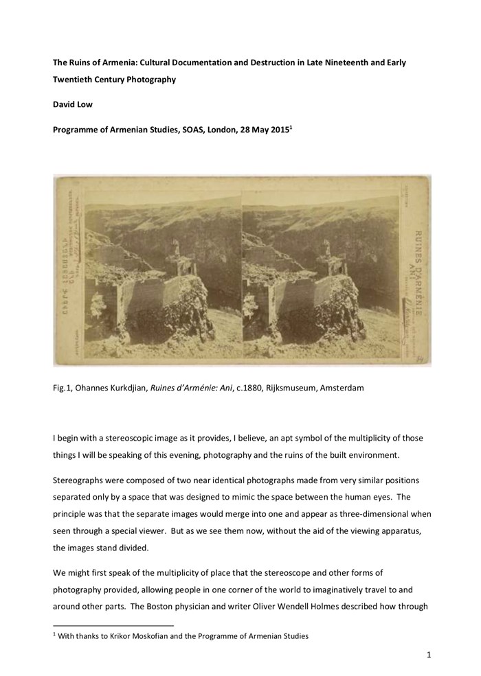 Ruins of Armenia: Cultural Documentation and Destruction in Late 19th Early 20th Century